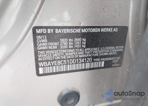 2013 BMW 750Li из США, поврежденный, VIN WBAYE8C51DD134120